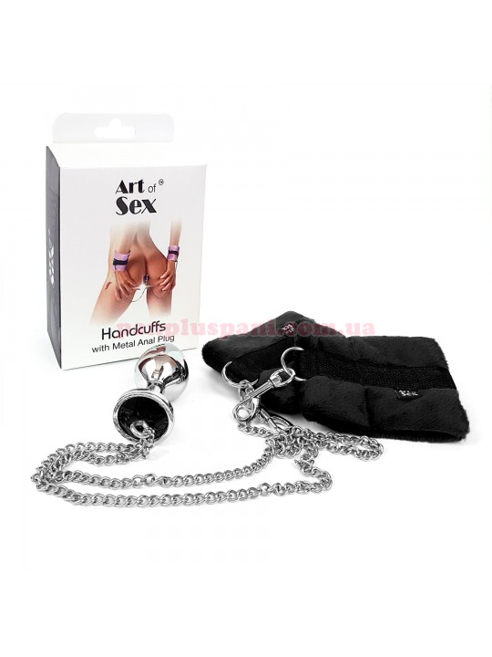 Наручники Art of Sex Handcuffs with Metal Anal Plug чорні, з металевою анальною пробкою M, Ø3.4 см 
