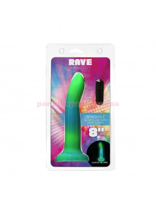 Фалоімітатор Addiction Rave Glow in the Dark Dildo Blue Green з віброкулею, світиться у темряві